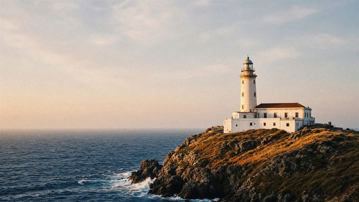 A white Portuguese lighthouse on an Atlantic headland in late afternoon light.