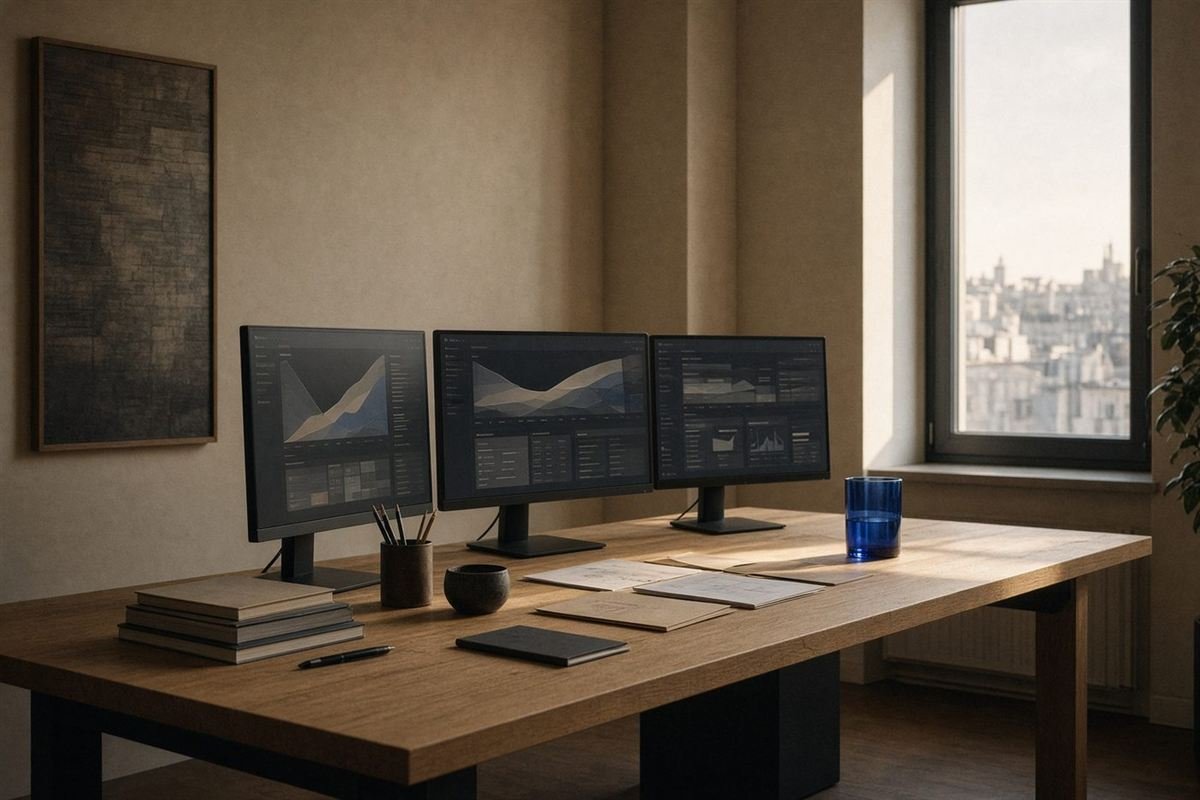 A quiet operations room with monitors and late afternoon light.